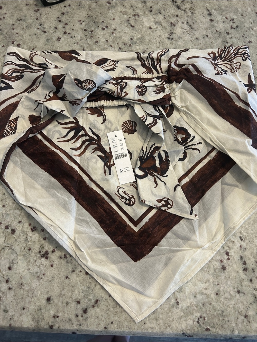 NWT! Seashell Print Triangle Bandana Top in Brown & Cream S-M
